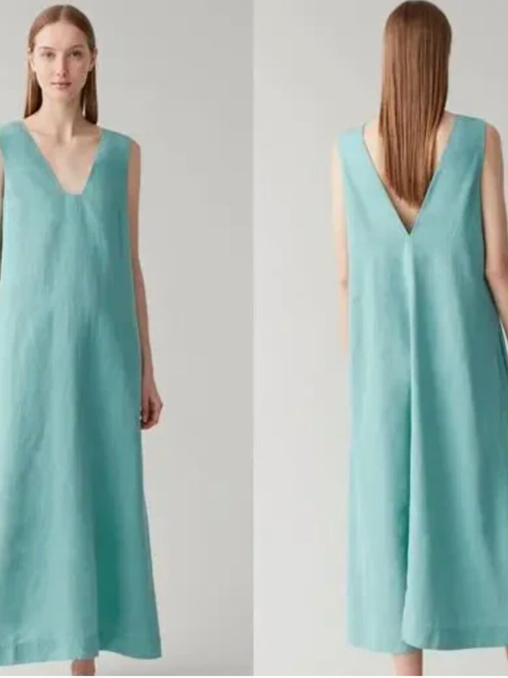 COS Women's Aqua Blue Light Teal Linen Blend Maxi Dress V-Back Sleeveless Size 6